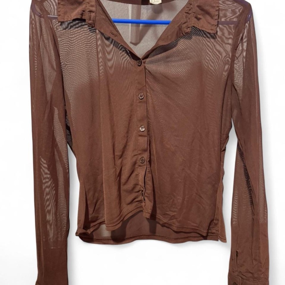 Brown mesh Sheer Button-Up Women's Top